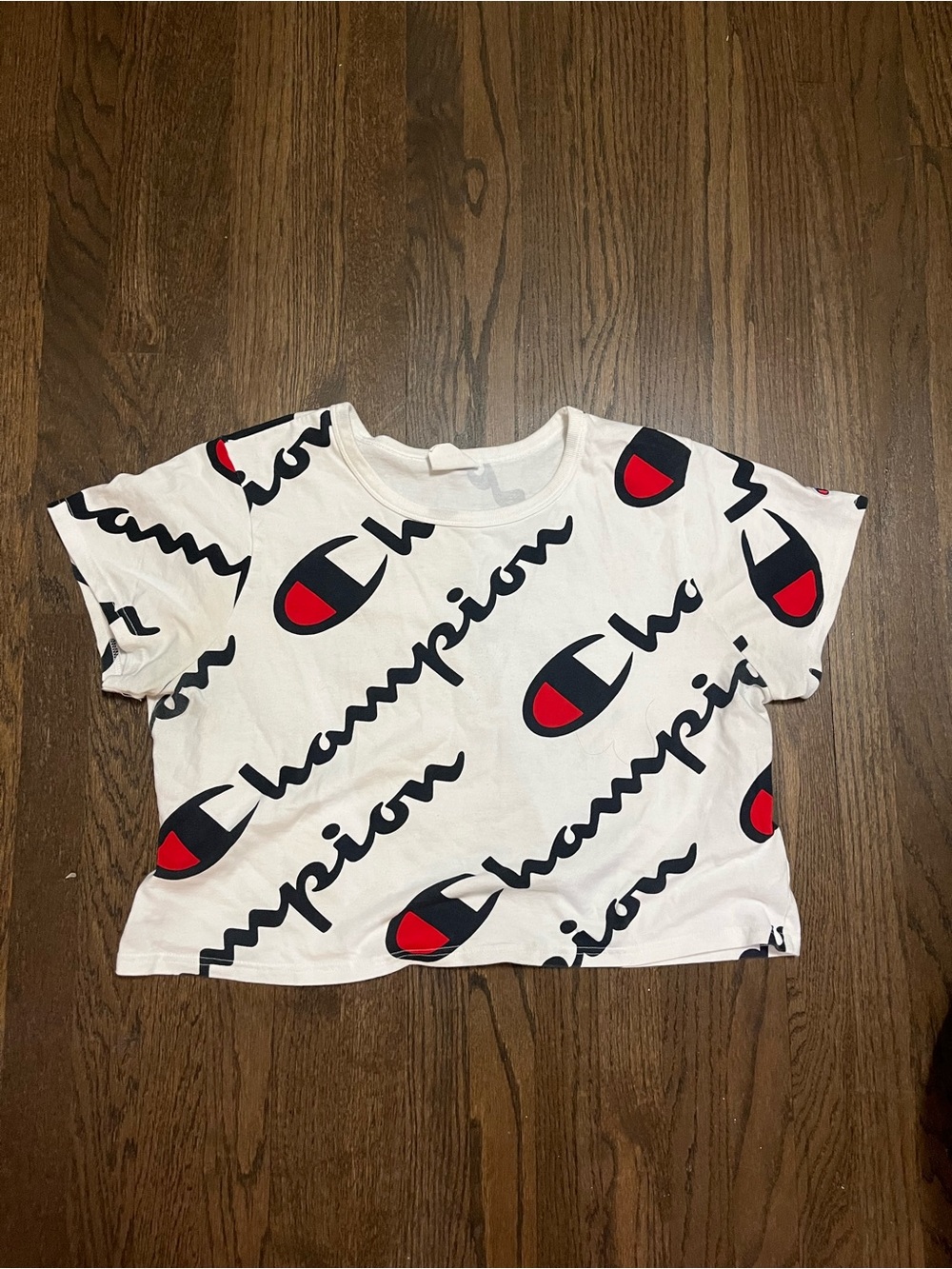 Champion White Tee with Navy Script & Red Logo Accents